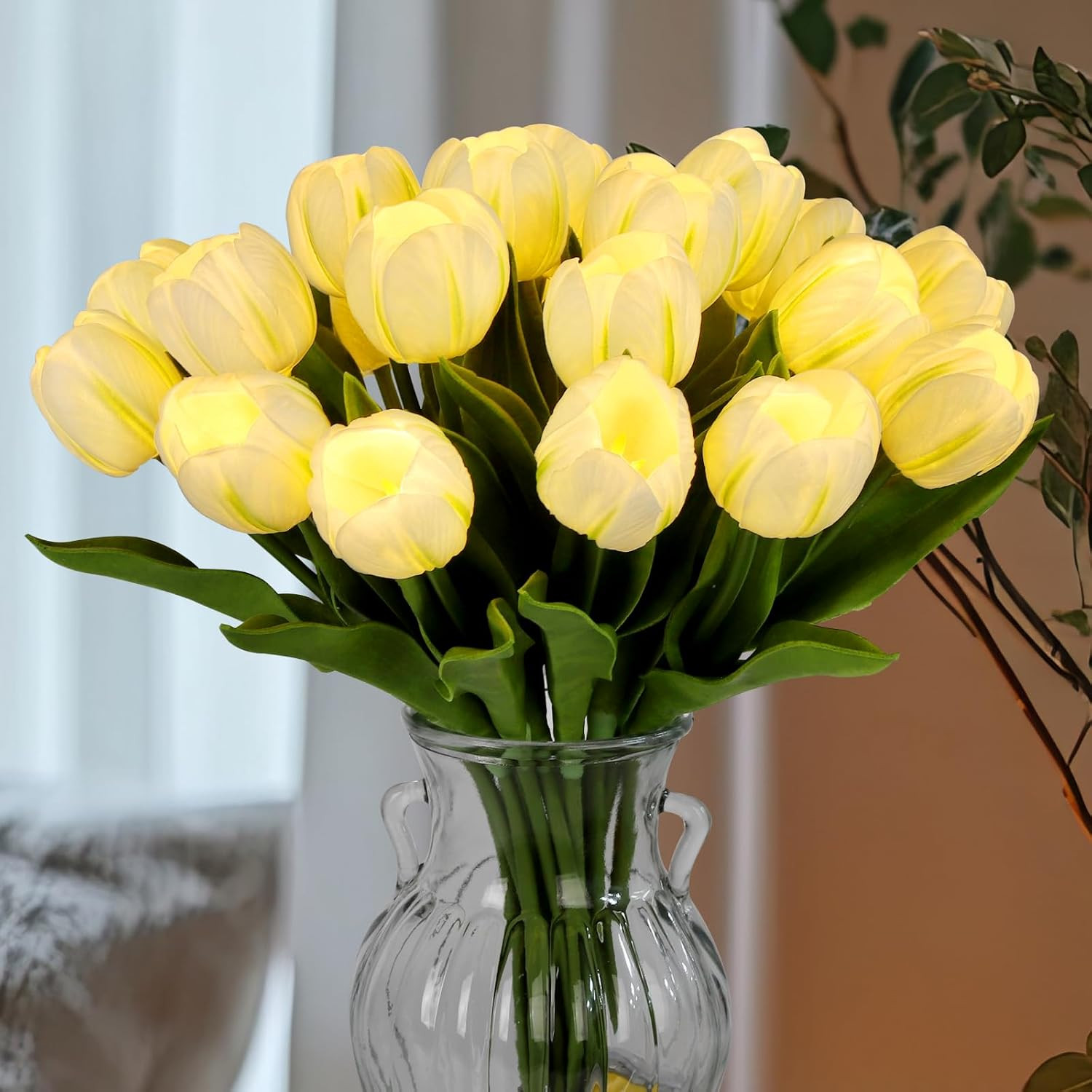 20 LED Lighted Faux Tulip Flowers for Home Decor – White, Valentine’s & Easter