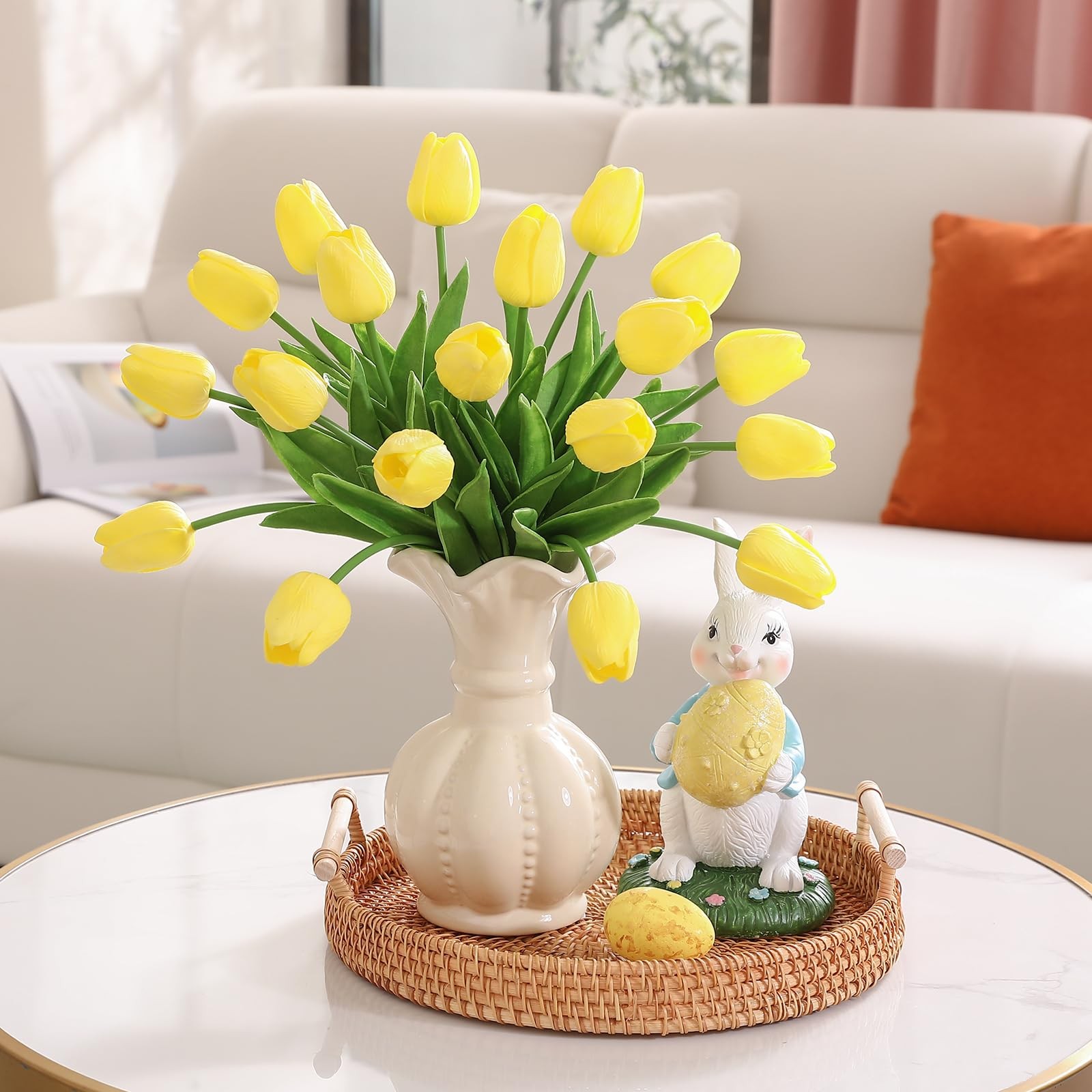 30 PCS Yellow Artificial Tulips PU Faux Flowers Real Touch Spring Decor