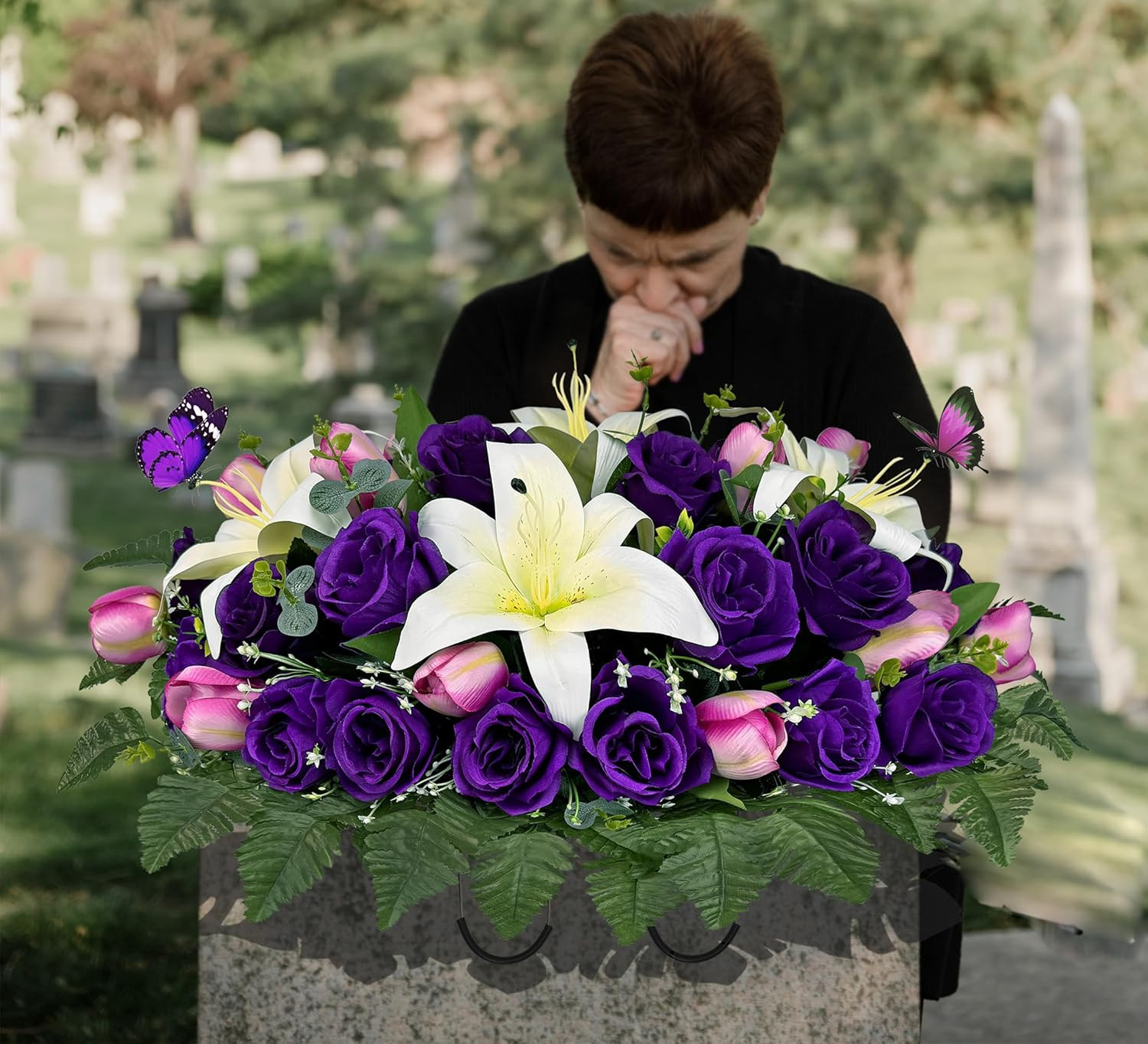 Elegant Cemetery Flowers with Vases – Silk Lilies & Butterflies, Purple/White