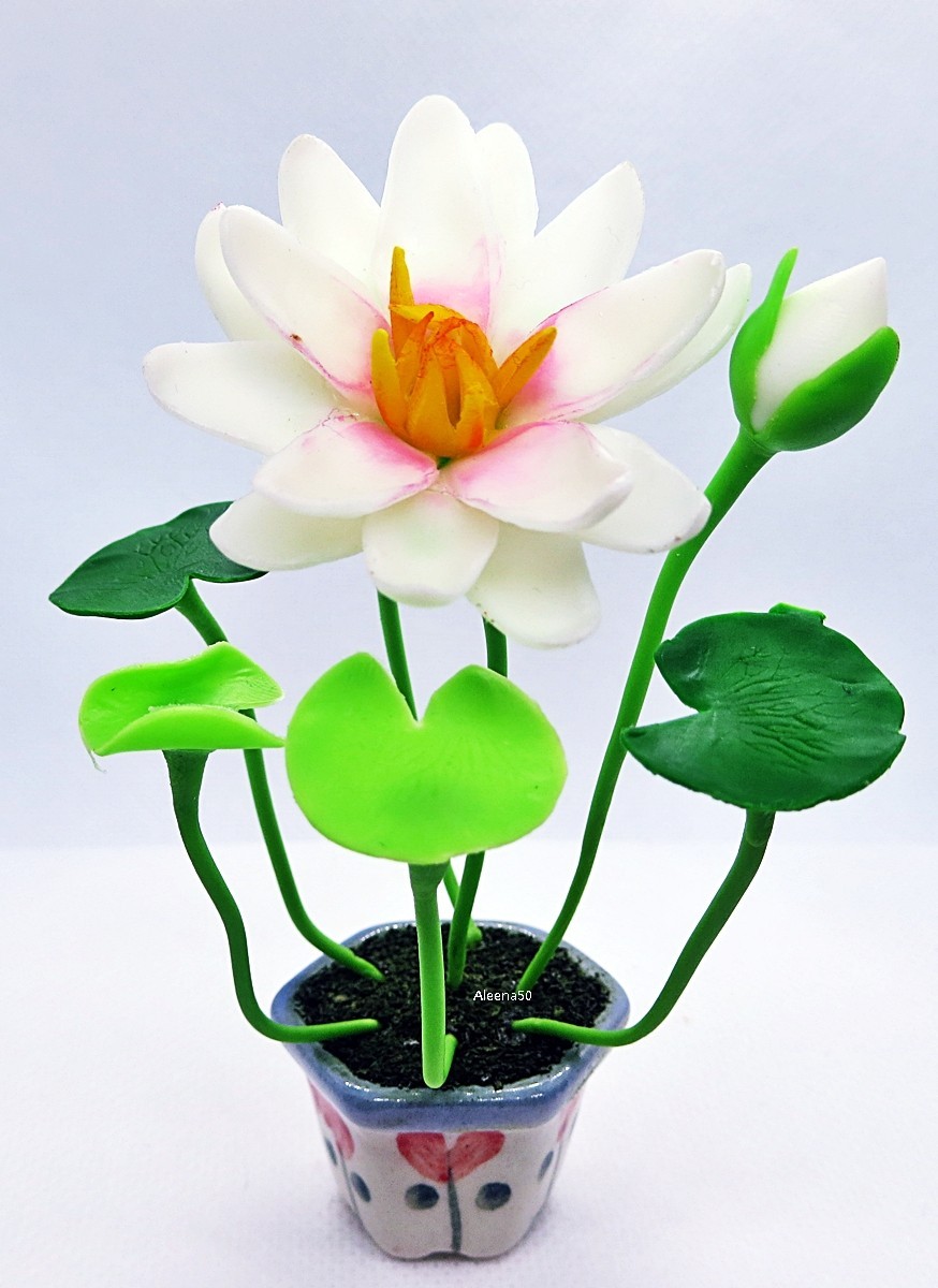 4″H Handcrafted Miniature Clay Lotus Flower Varieties Arranged in Pot | US Stock