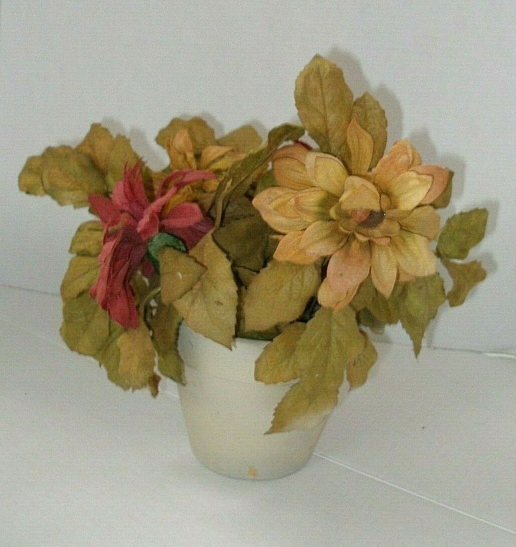Pailr of Planters with Silk Flower Arrangements Fall Colors Burgundy Mustard New