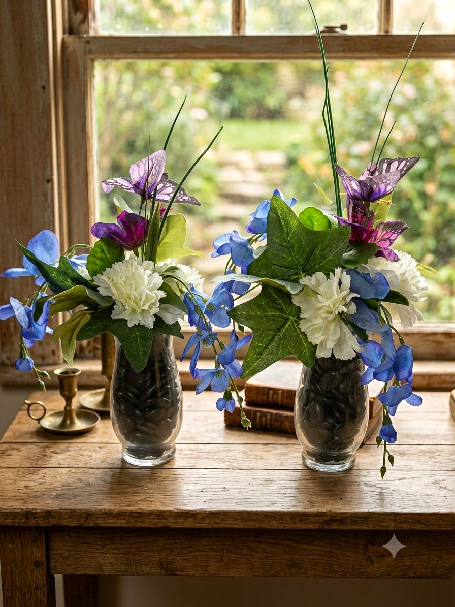 Set of 4 Artificial Blue/White Floral Arrangements w/ Purple Butterflies