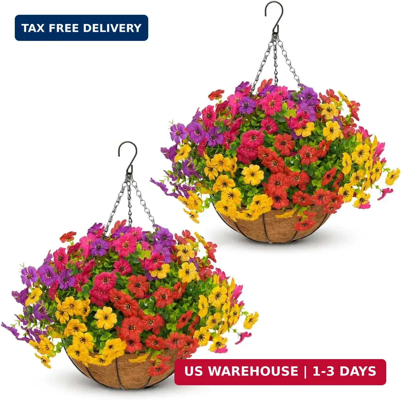 2 Set Artificial Outdoor Flowers with Hanging Basket for Garden Porch Patio Balc