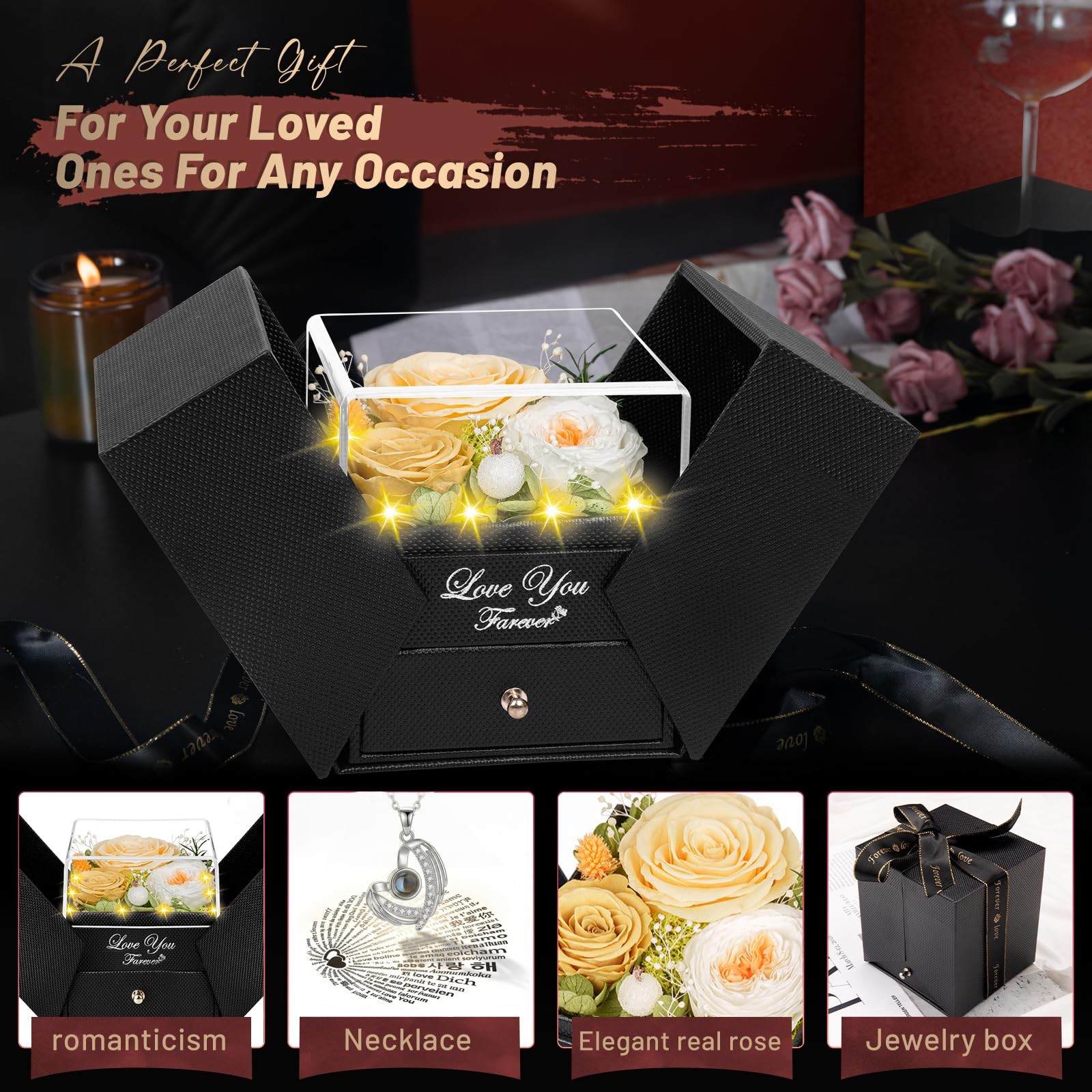 Preserved Real Champagne Rose with I Love You Angel Wings NecklaceForever Flo…