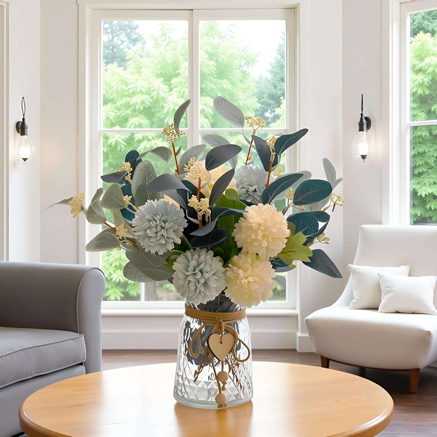 Artificial Flowers with Vase, Faux Flower Arrangement with Eucalyptus Leaves, Si