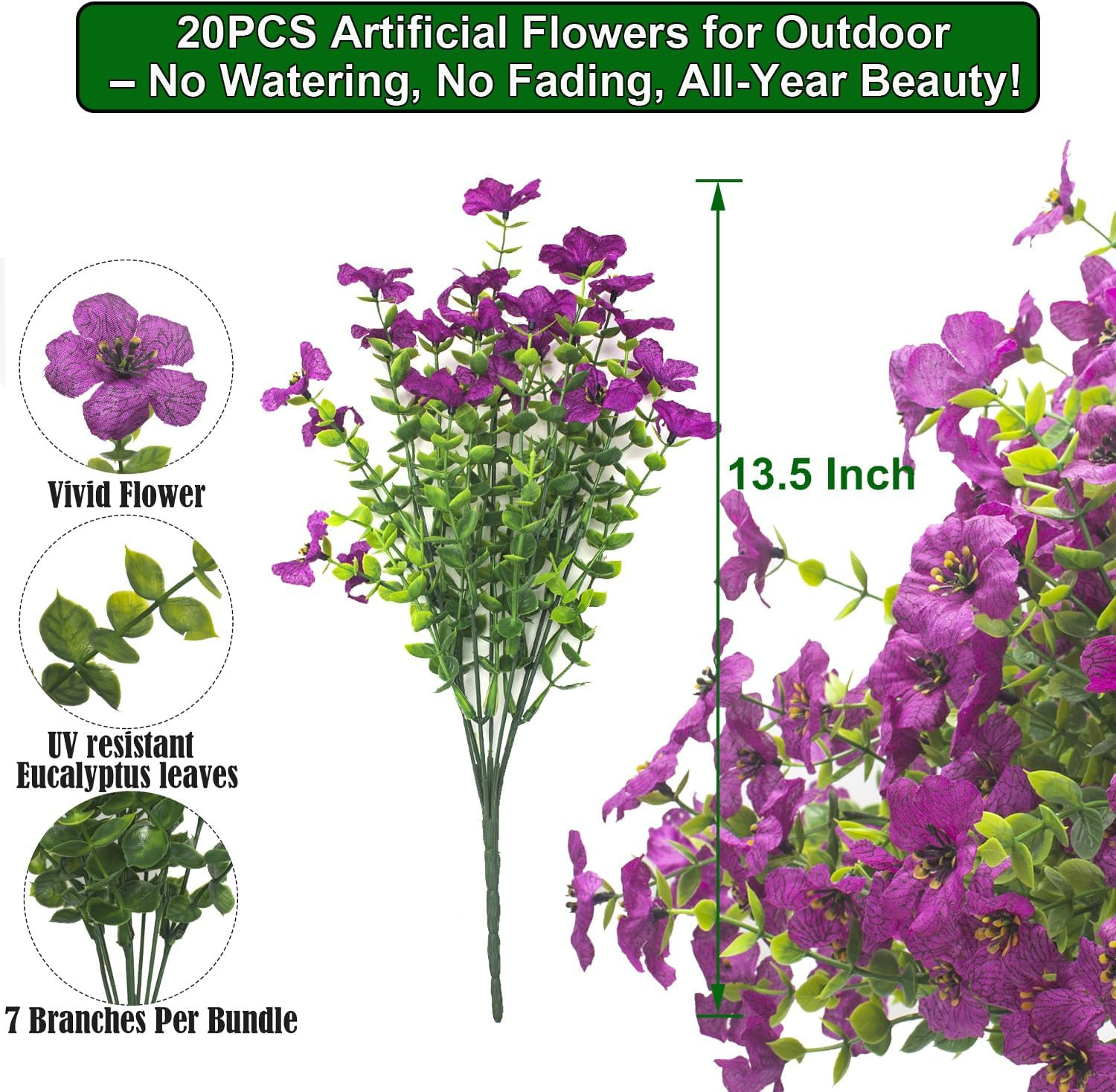 UV Resistant Purple Artificial Flowers – 20 Bundles for Outdoor Decor