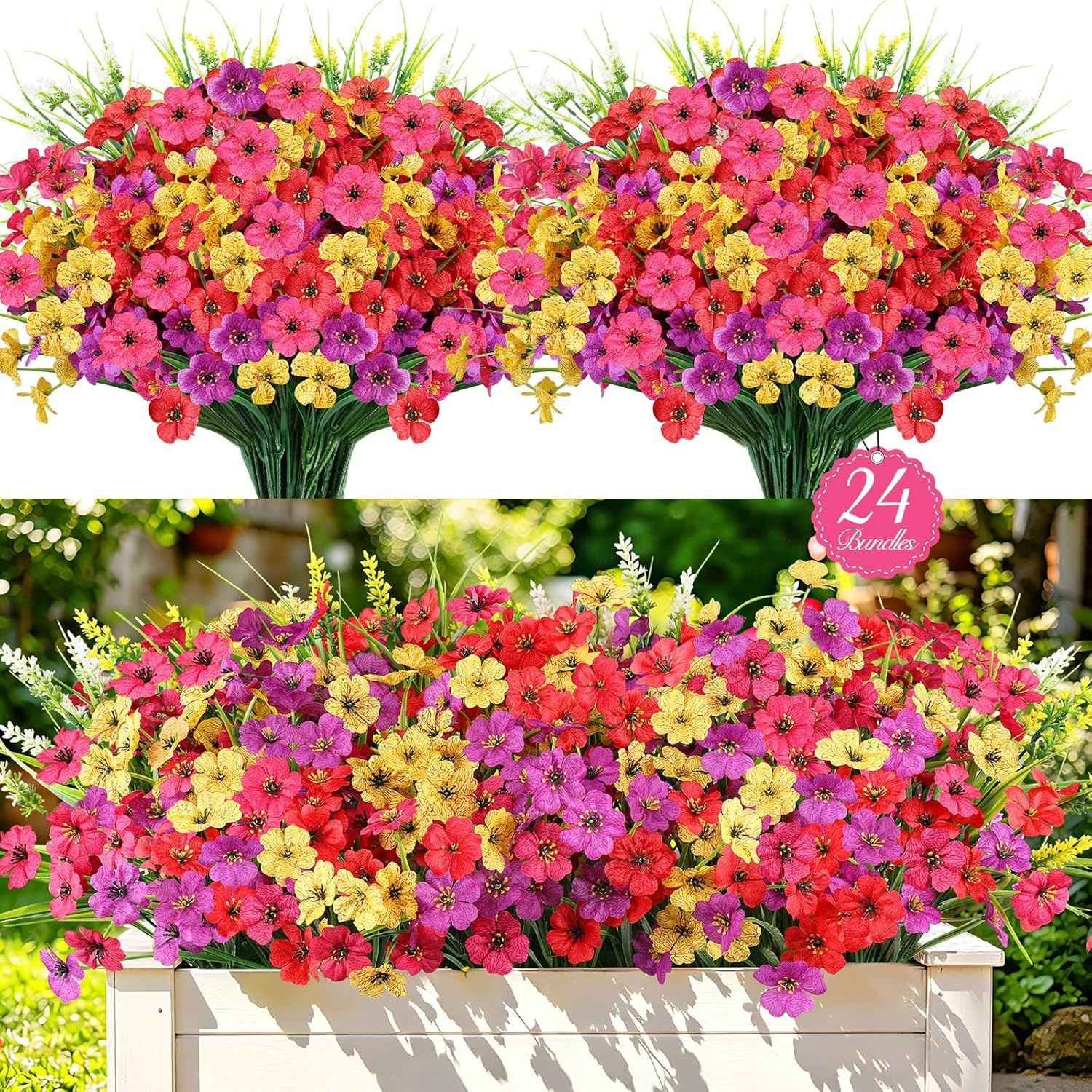 24 Bundles Realistic Fake Flowers for Outdoors, No Fade Faux Silk Flowers & Arti