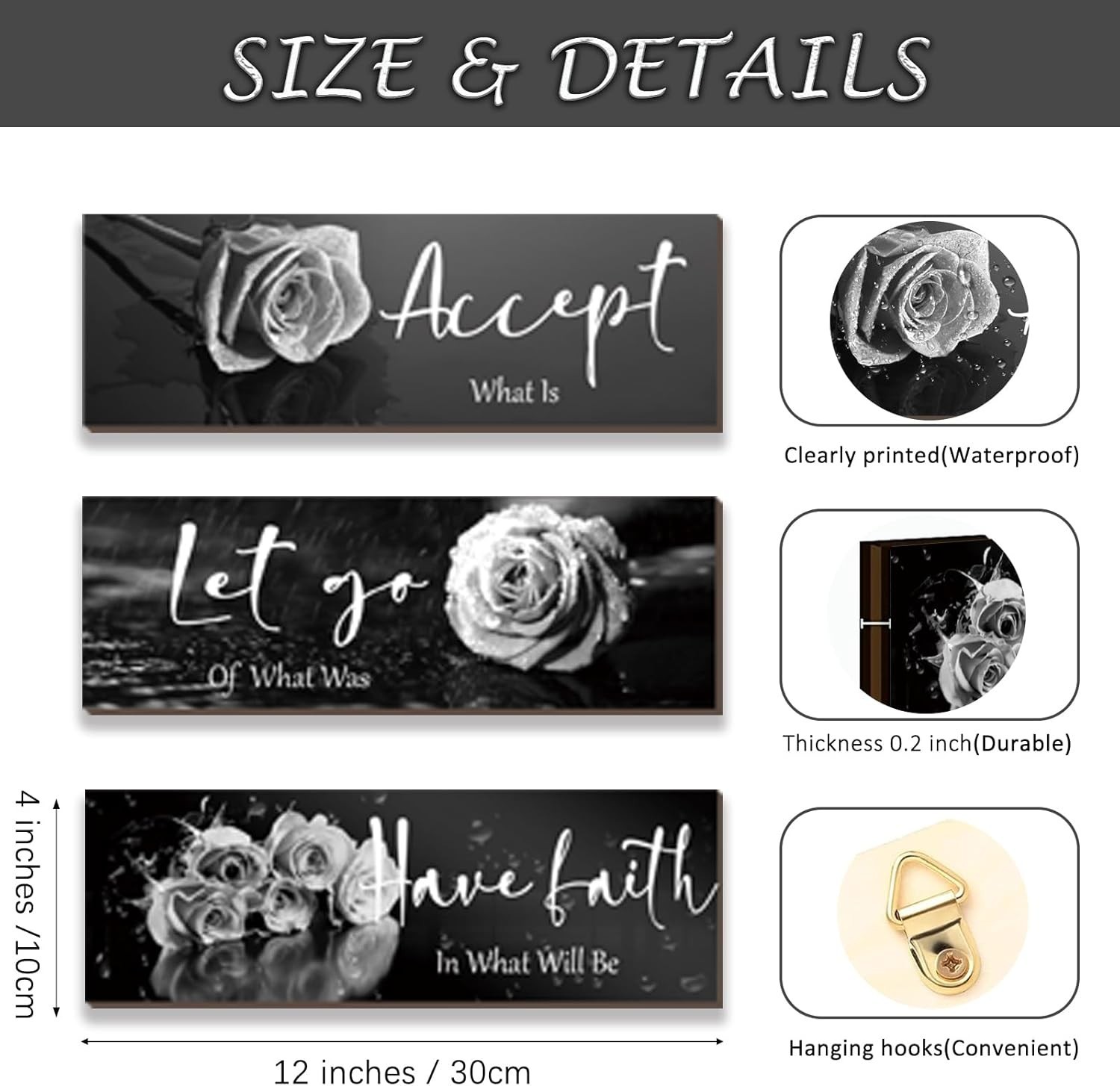 3-Piece White Rose Wall Decor with Inspirational Quotes | 12×4 Modern Art