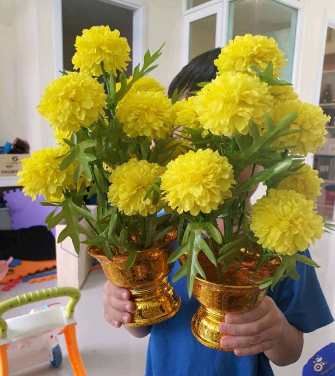 Pair Marigolds Flower Artifical Arrangement Gold Tray Decor Home Yellow Floral