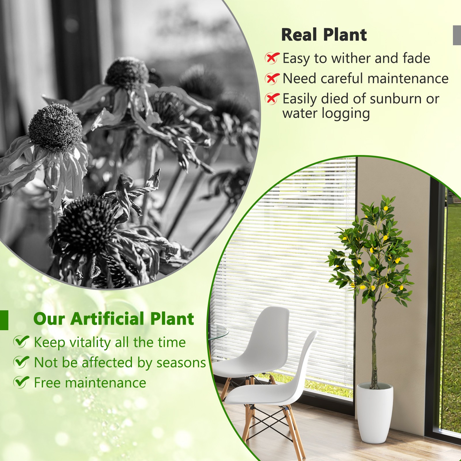 2 PCS 5.2 FT Tall Artificial Lemon Tree w/ Lemon Fruits, Cement Pot for Office