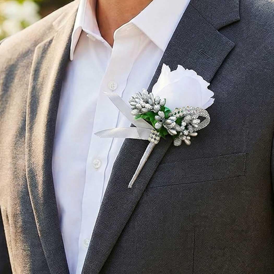 Rose Wedding Boutonniere White Groom Flower Buttonholes Men Silver Gray