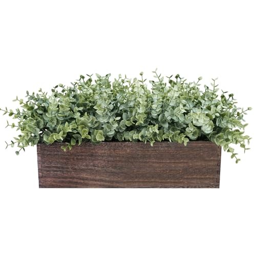 14″ Artificial in Rectangular Wood Planter Box Faux Plants Eucalyptus