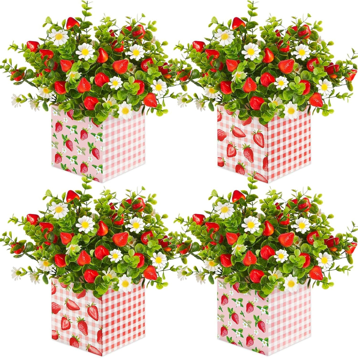 Summer Strawberry Centerpiece Decor – 4 Sets of Artificial Plants & Box