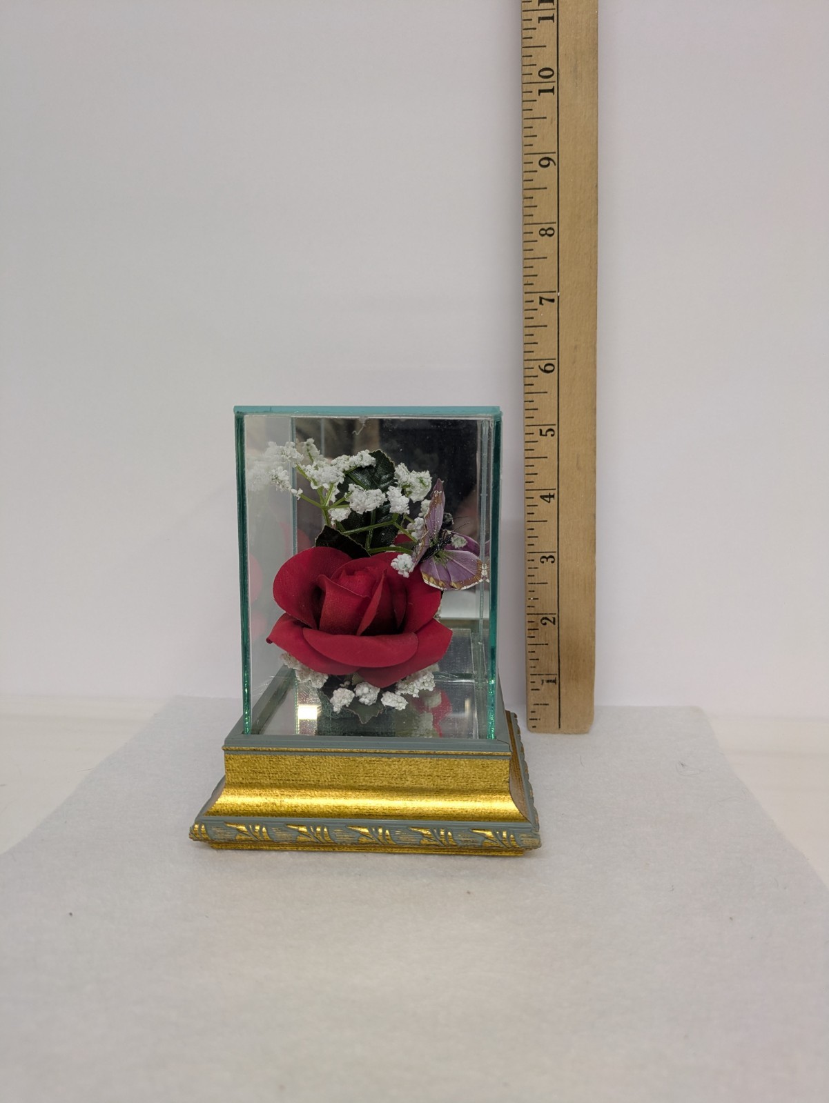 RED ROSE IN GLASS WITH PURPLE BUTTERFLY