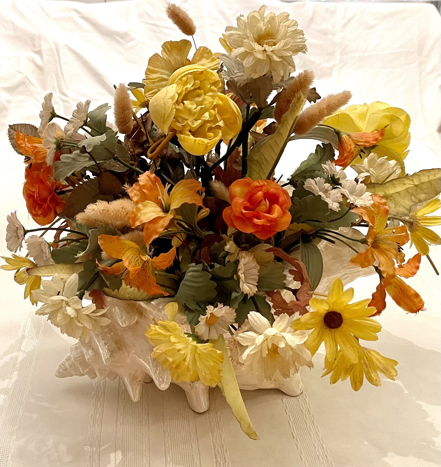 Floral Decor Multiple Silk Flowers In Ceramic Conch Sea Shell Planter 13” H
