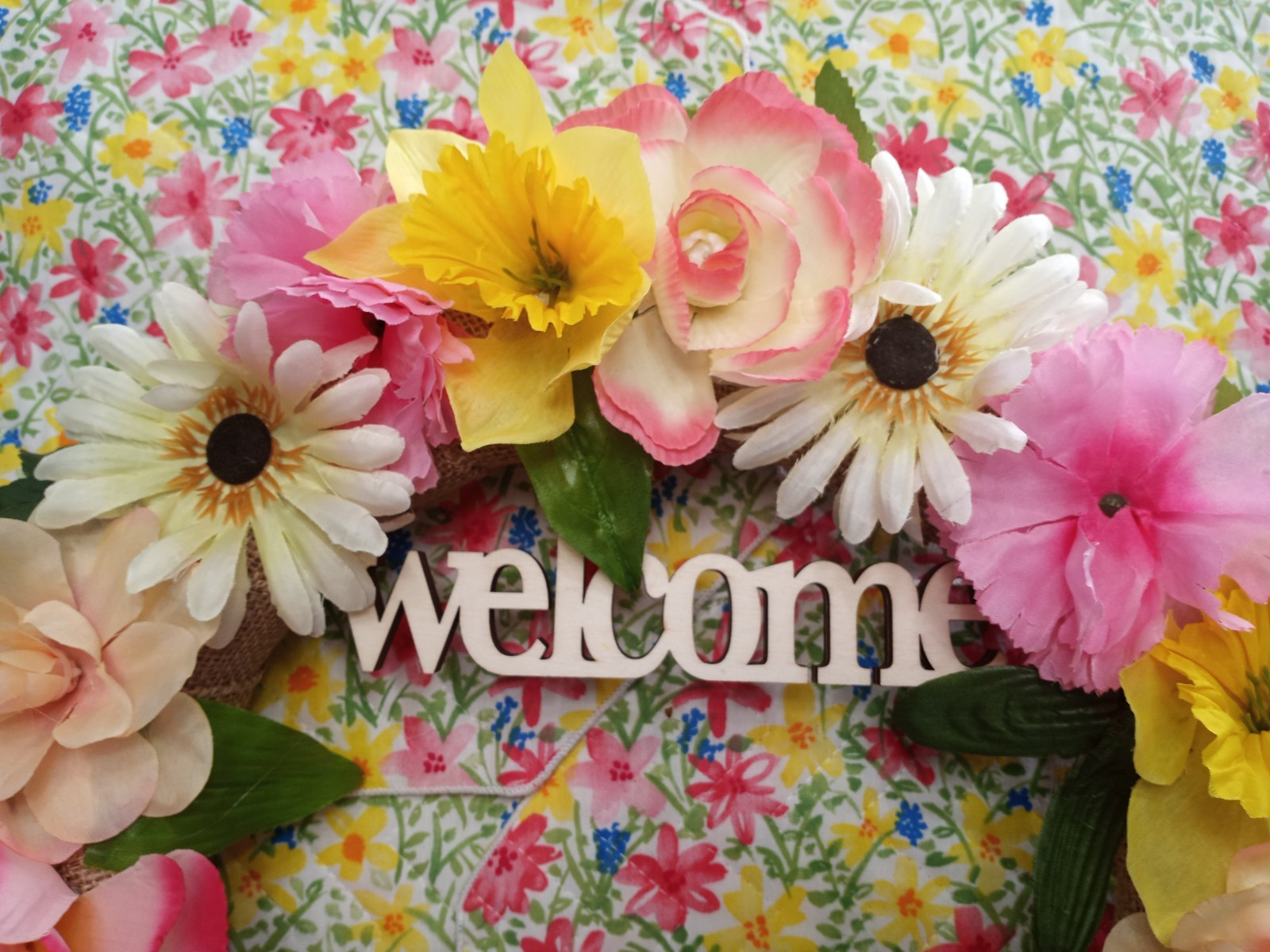 Homemade 14″ Artifical flower Spring Summer Welcome Floral Burlap Door Wreath