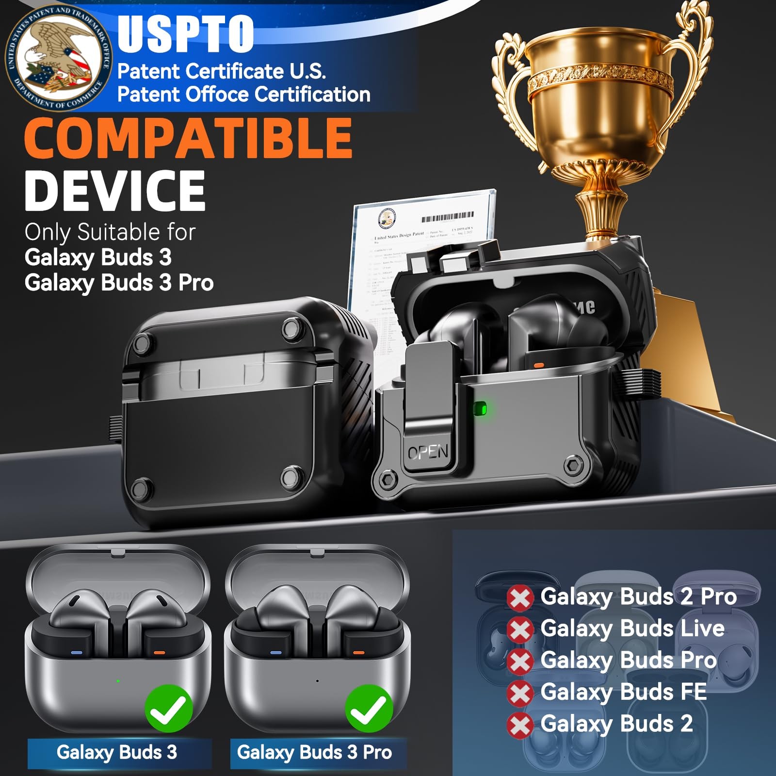 Secure Lock Case for Samsung Galaxy Buds3 FE (2025)/Buds3 Pro & A, Black