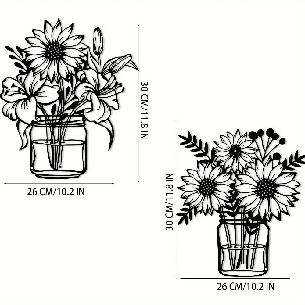 Black Sunflower Metal Wall Vase Sculpture – Nature-Inspired Bathroom Decor