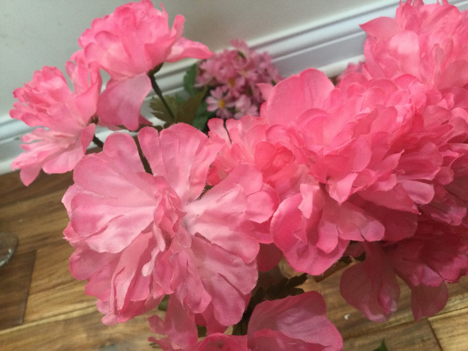 Garden Pink Silk Floral Arrangement in a Woven Basket carnations roses daisy