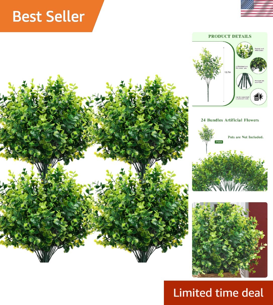 Artificial Boxwood Stems 24 Pack Artificial Plants for Outdoor UV Resistant F…