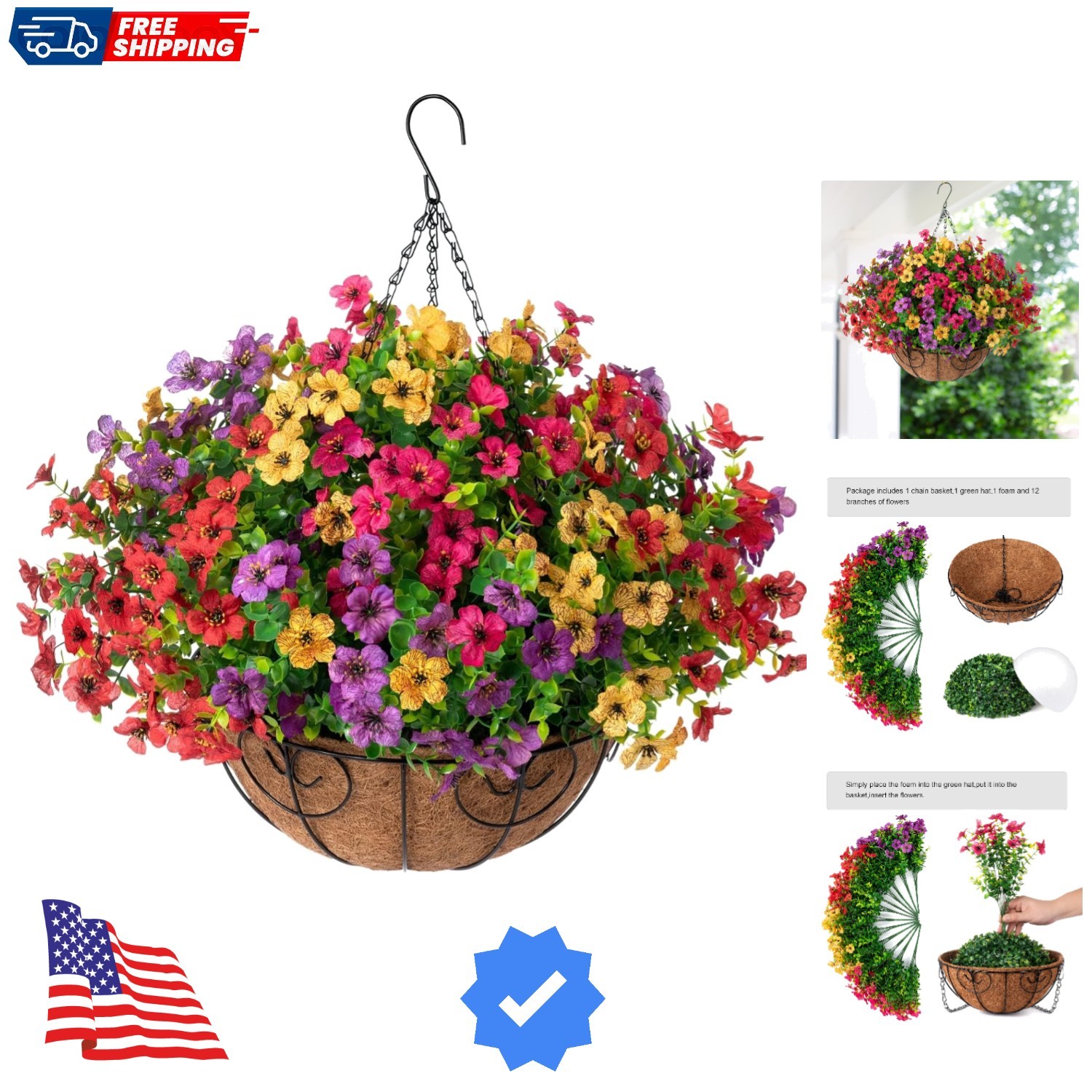 Artificial Faux Hanging Plants Flowers Basket for Summer Outdoor Outside Deco…