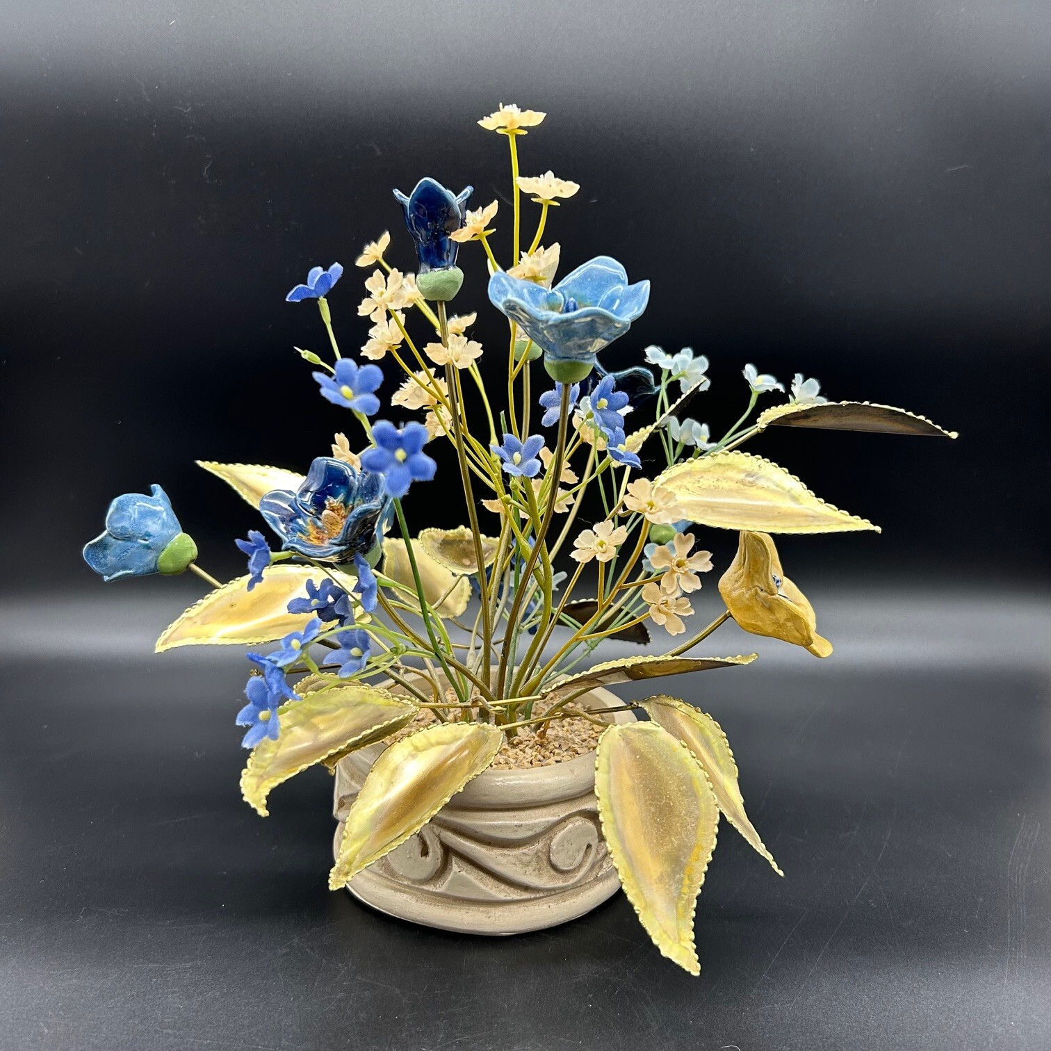 Mixed Media Flower Arrangement Ceramic & Faux Silk Flowers Metal Leaves in Pot