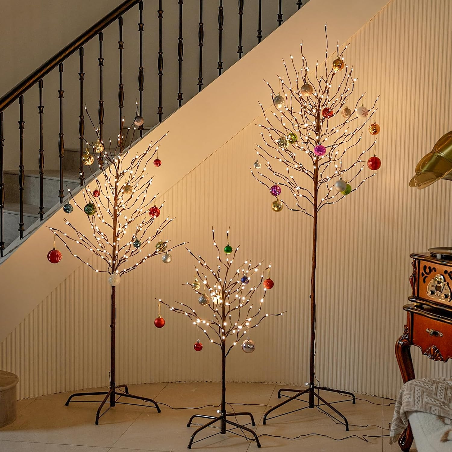 Twinkling Twig Trees Set – 3Ft, 5Ft, 6Ft with Warm White Lights for Decor