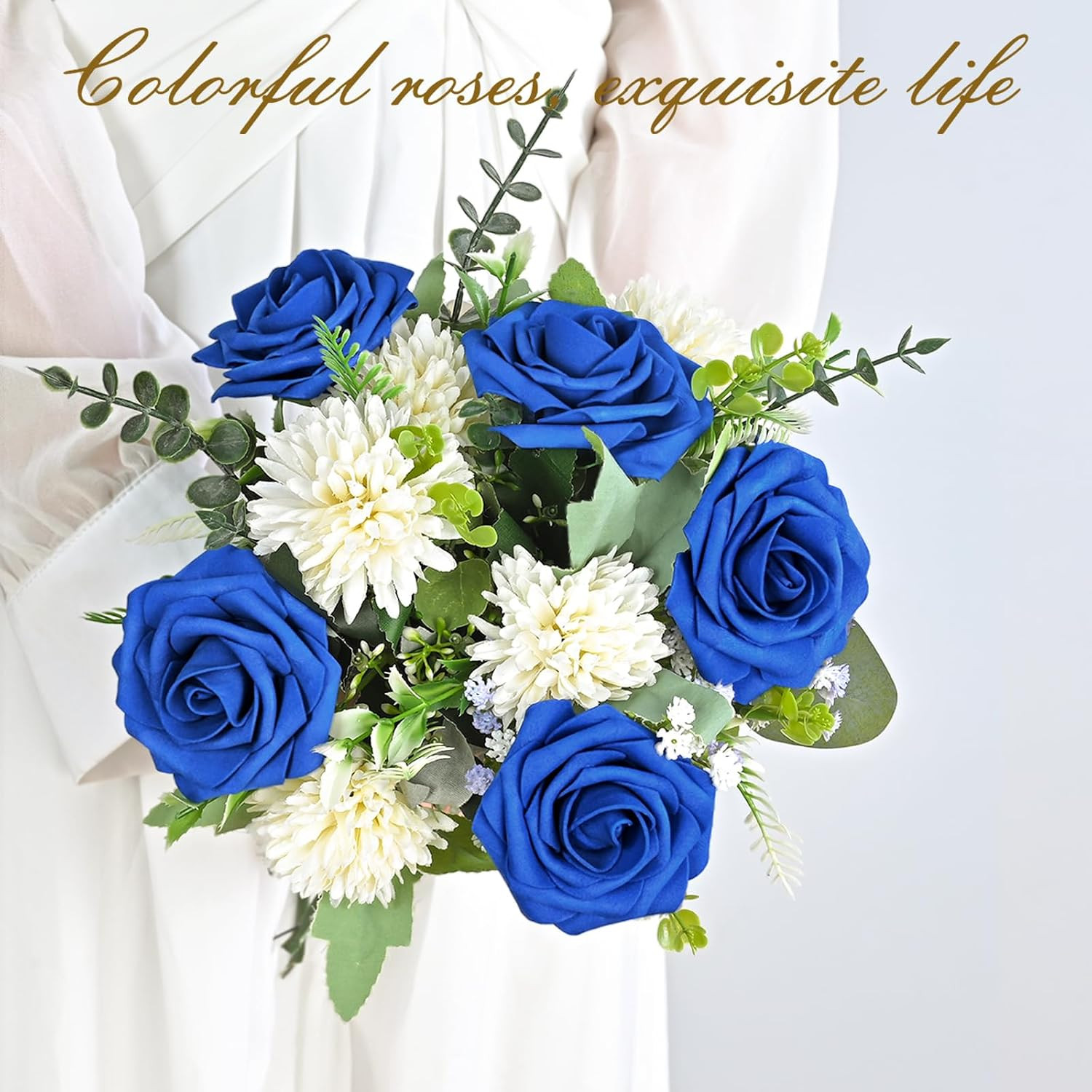 16Pcs Artificial Flowers Fake Roses with Stems, Royal Blue Boxed Foam Roses f…
