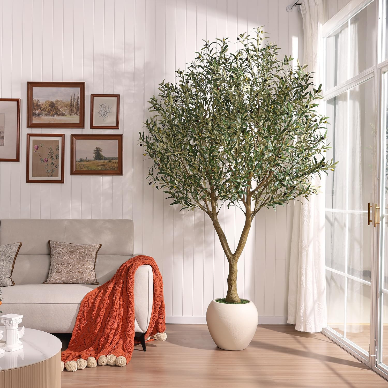 8Ft Faux Olive Tree in White Planter – Lush Indoor Decor for Home & Office