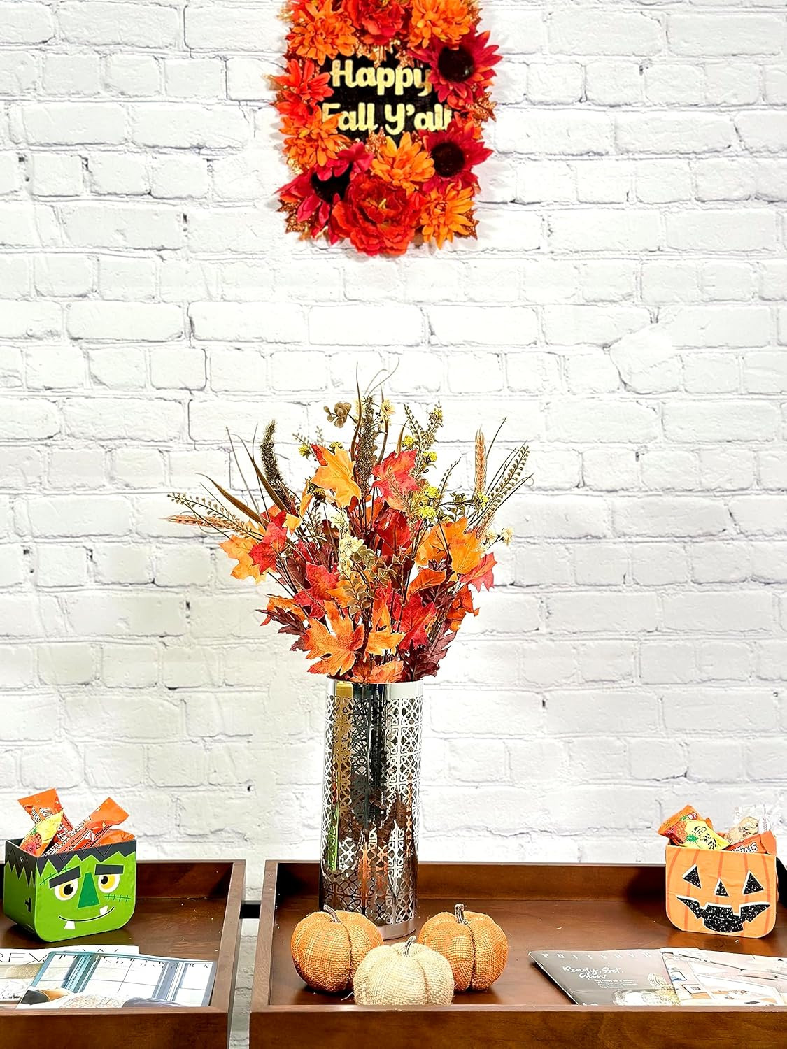 Artificial Autumn Flowers Maple Leaves Berries Fall Festive Harvest Foliage Ceme