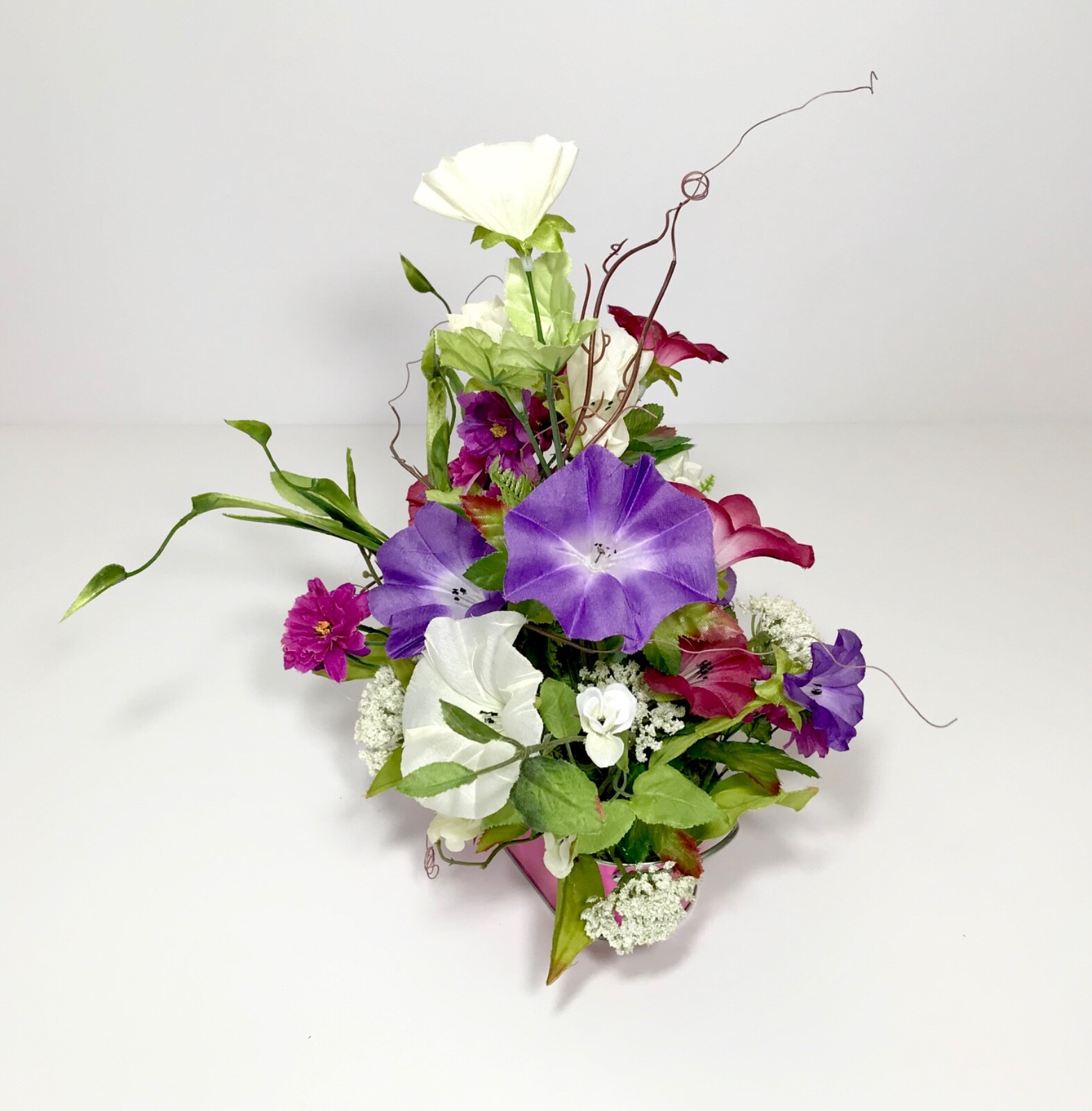 SMALL VARIETY FLORAL ARRANGEMENT NEON PINK METAL TUB SUMMER FLOWERS CENTERPIECE
