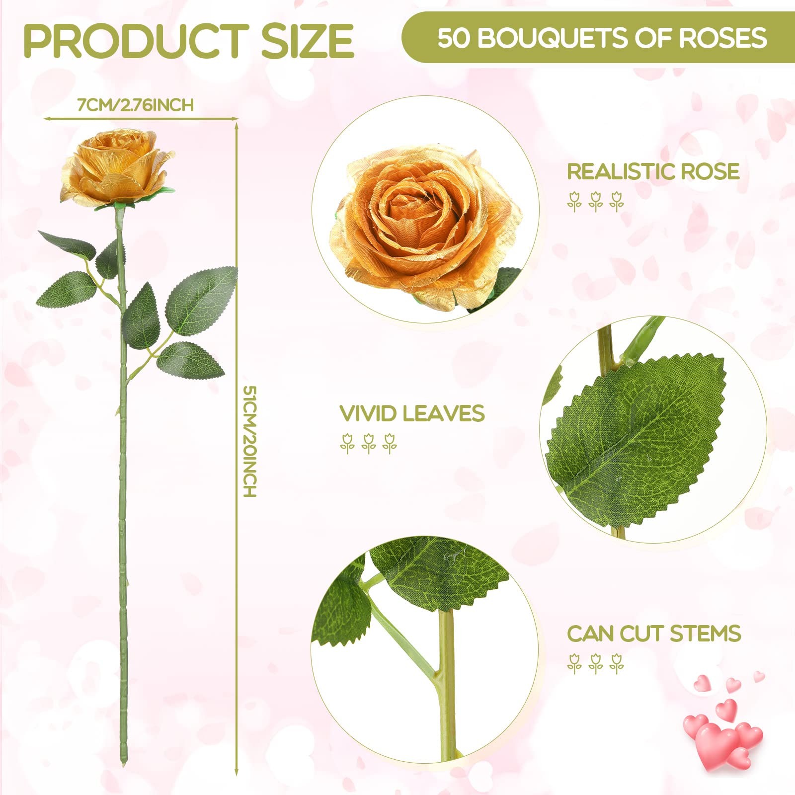 50 Pcs Artificial Rose Flower Bulk Realistic Silk Fake Roses with Long Stem Gold