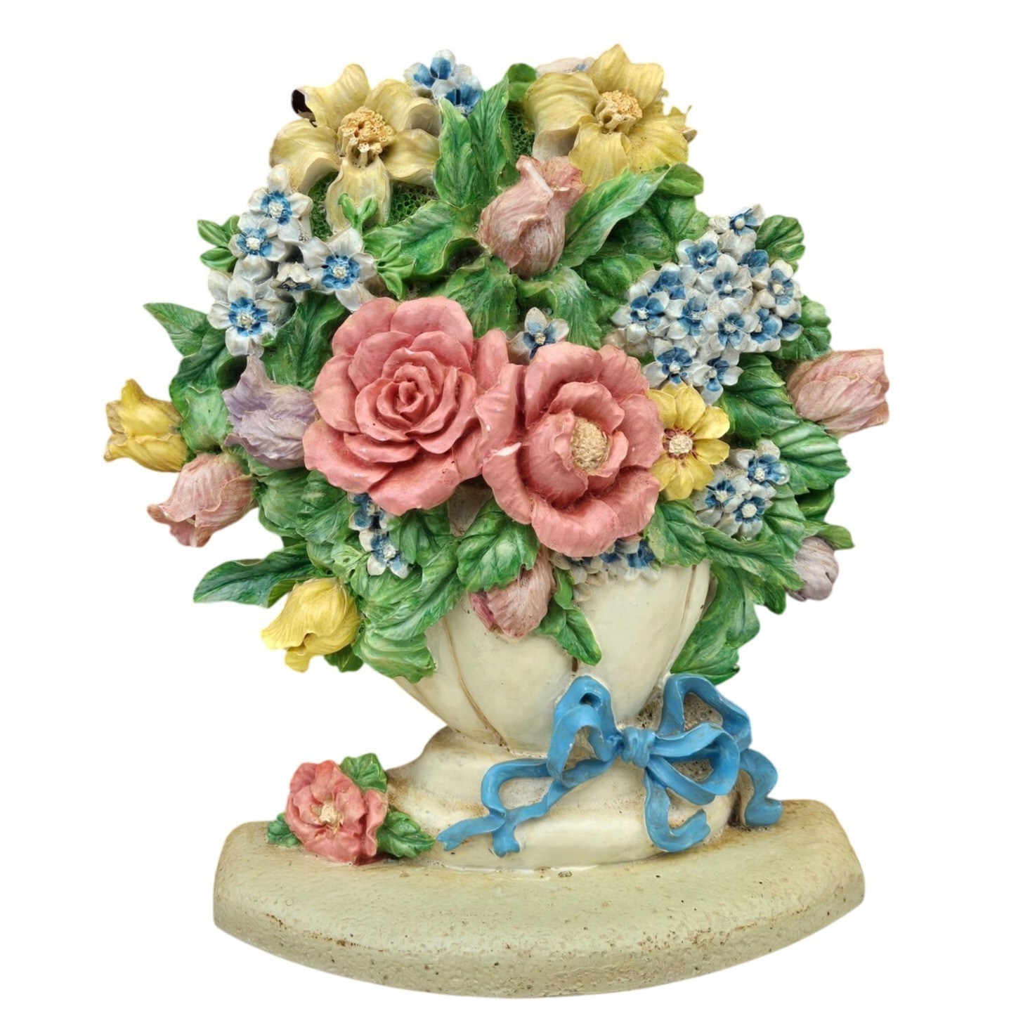 Vintage Flower Arrangement Doorstop Shabby Cottagecore Floral White Blue Ribbon
