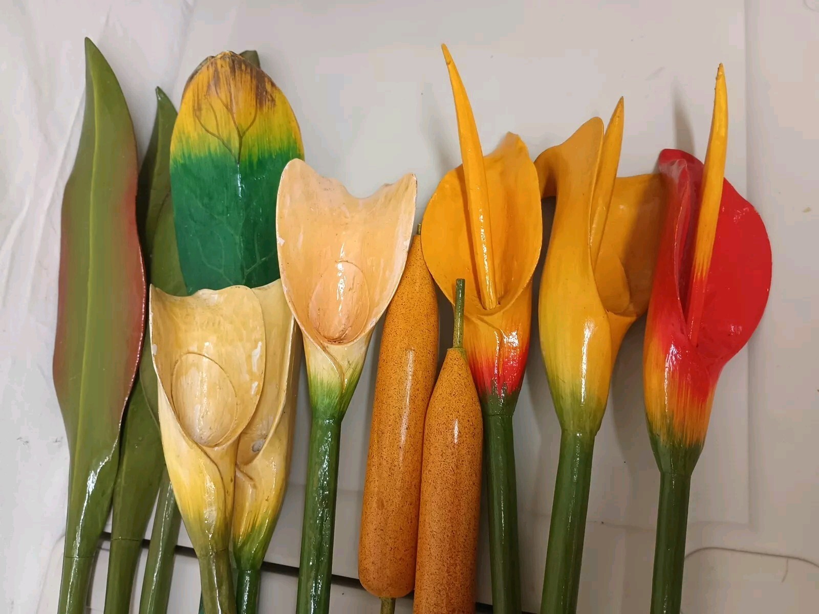 VTG Wood Tropical Flowers Long Stem 36″ Leaves Lot Of 13 Wooden Painted Carved