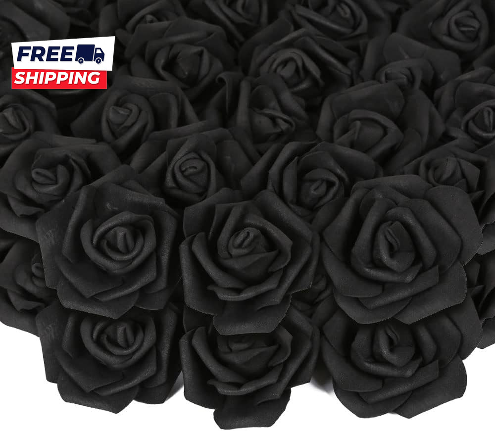 200Pcs Black Artificial Foam Rose Flower Head, 3-Inch Fake Flower Heads Stemless