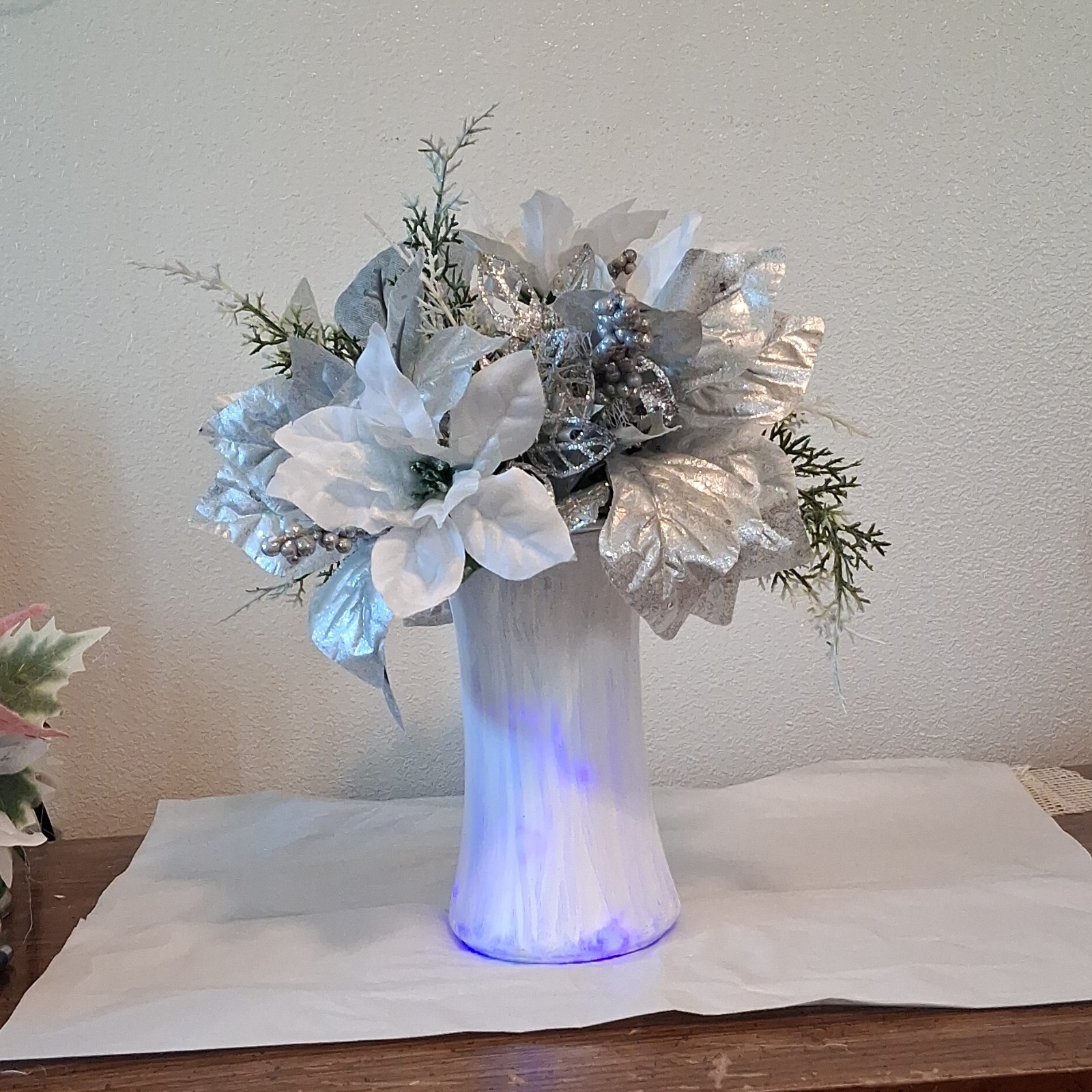Artificial Poinsettia Christmas Centerpiece Arrangement, White Silver Green