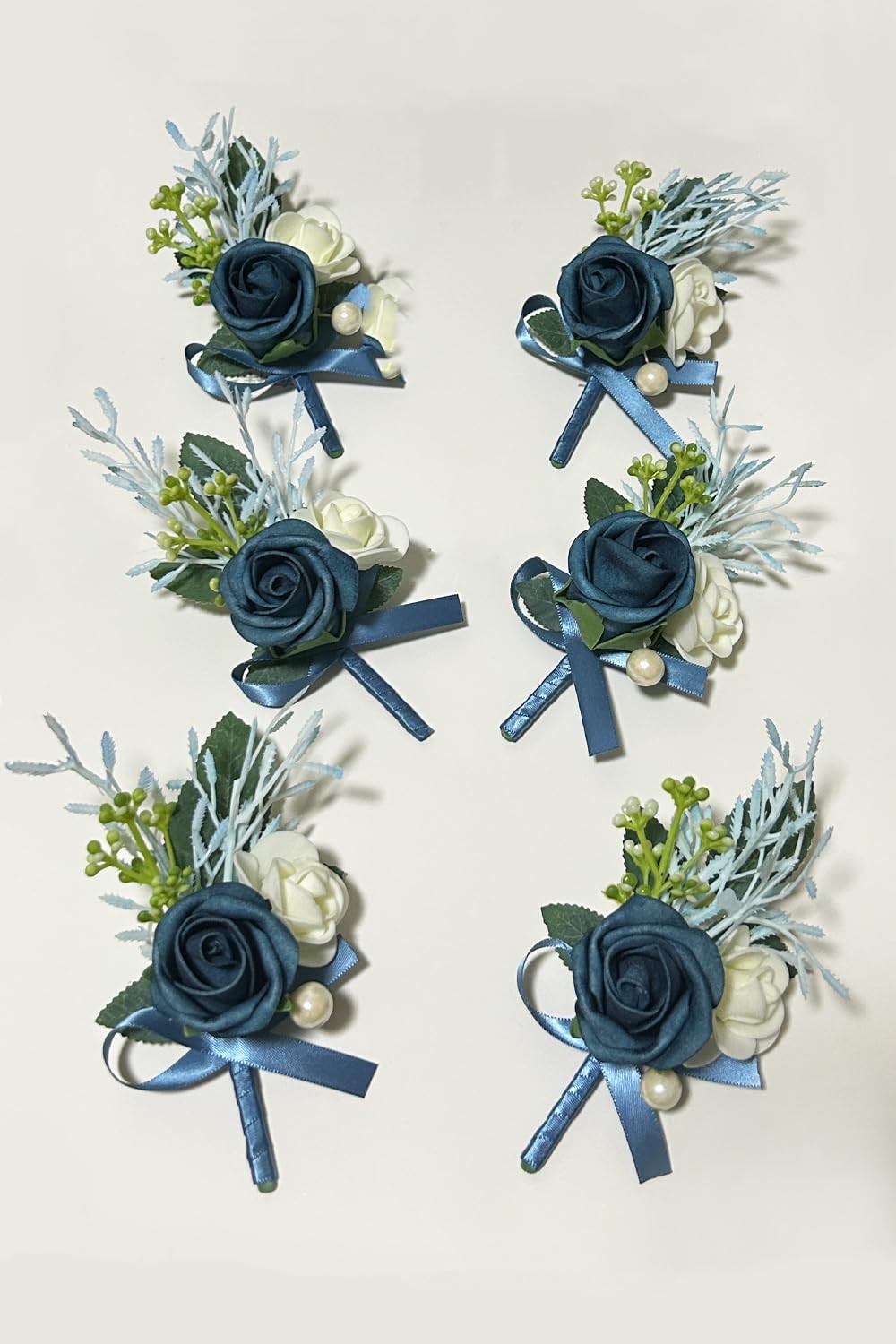 6 PCS Navy Blue Boutonniere for Men Groomsmen Guest Artificial Flowers
