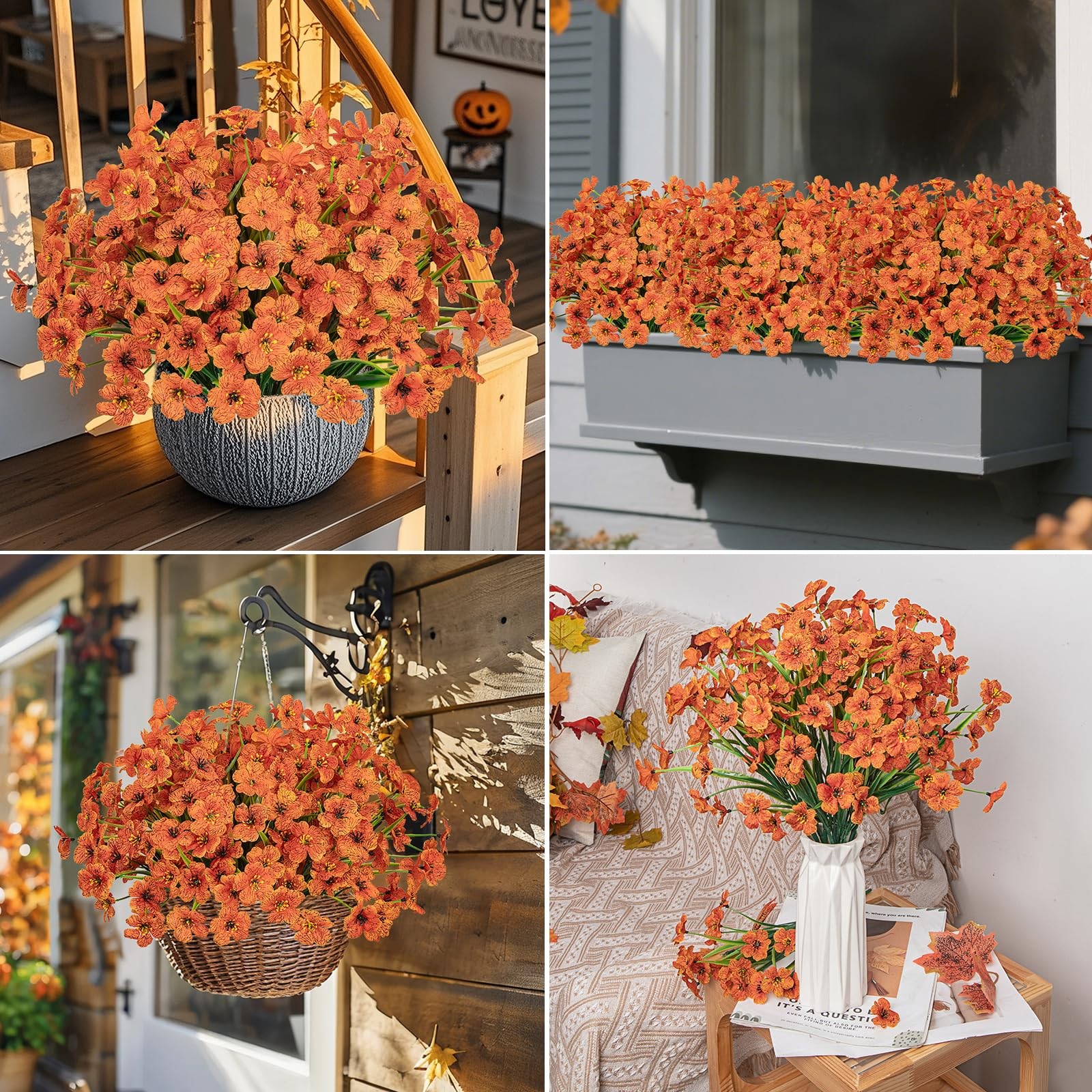 Outdoor Artificial Flowers 24 Bundles, UV Resistant Fall Mums, Faux, Orange