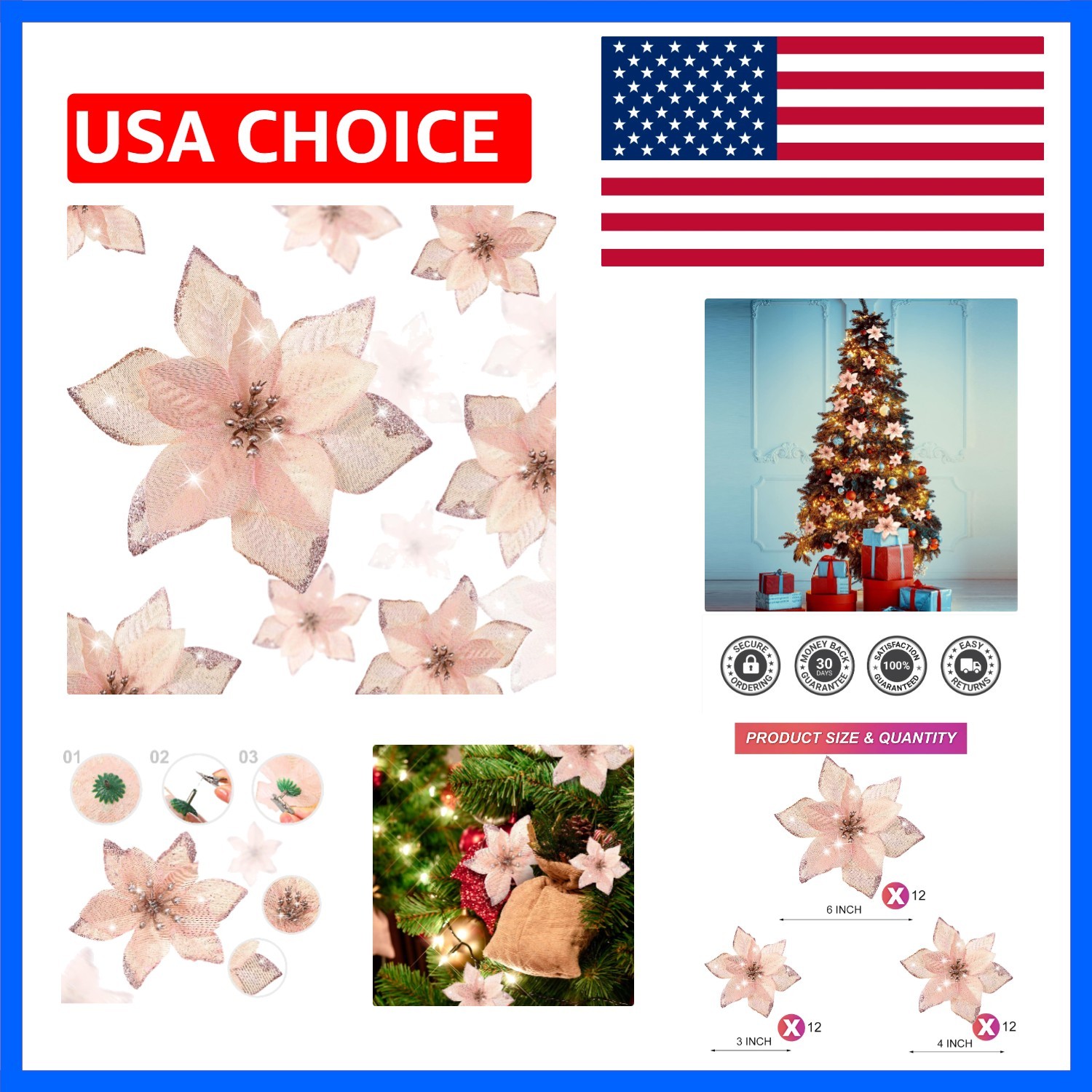 36 Pcs 3 Size Christmas Poinsettia Christmas Tree Flowers Glitter Faux Flower…