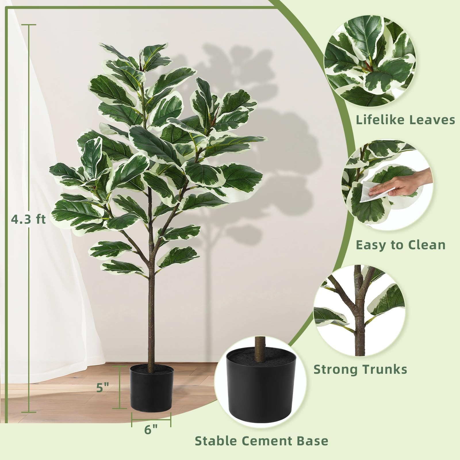 4.3ft Green Artificial Ficus Tree Plant in Pot with 46 Leaves for Indoor Outdoor