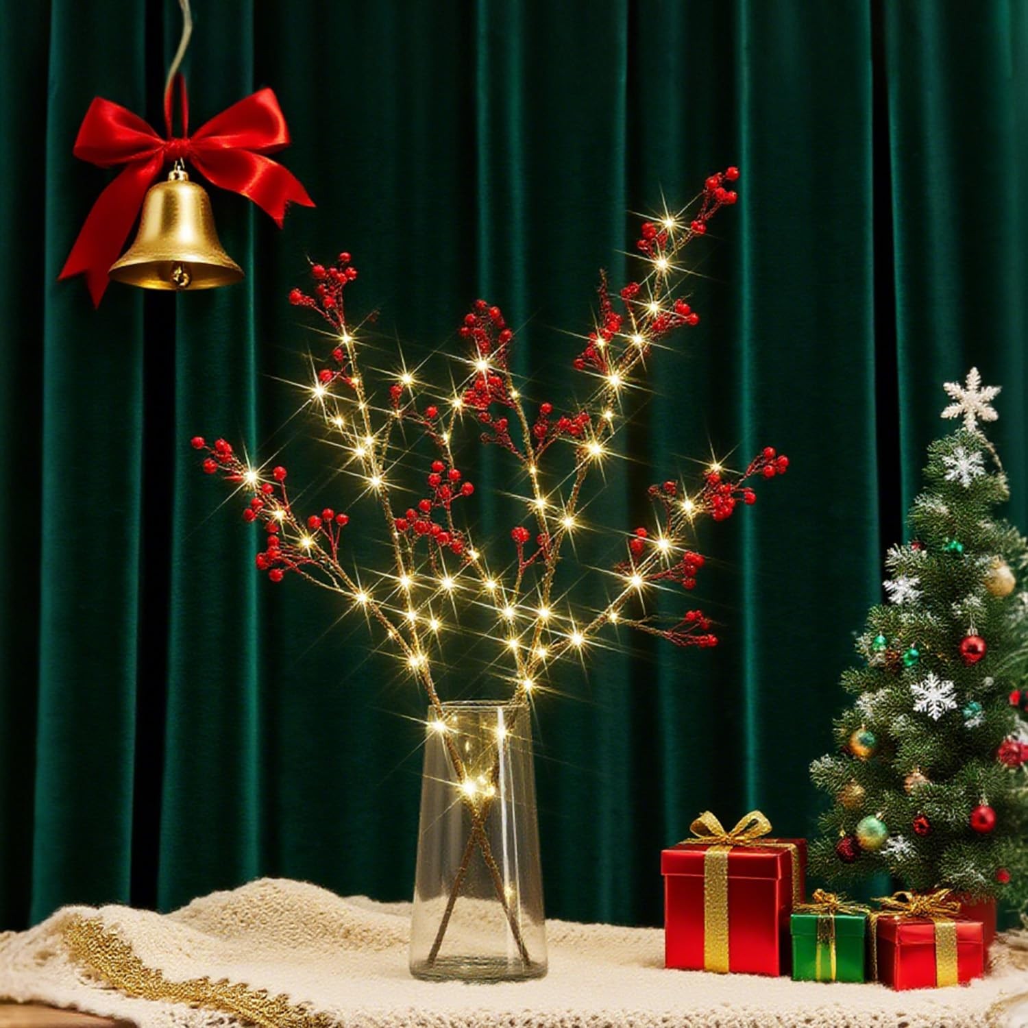 Red Berries Branch Lights Battery Powered Timer Artificial Willow 32 Inch 80