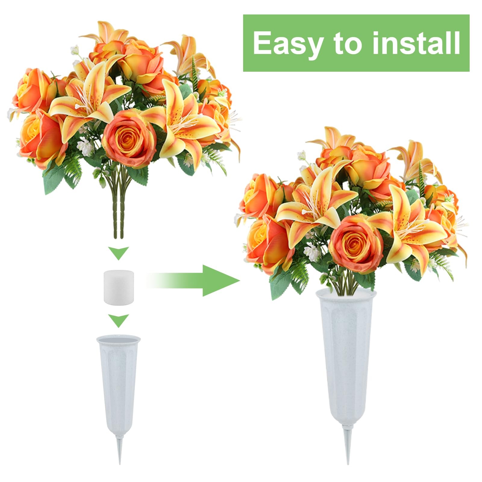 2 Set Artificial Cemetery Flowers with Grave Vase-2 Bunches Lilies & Rose Mix…