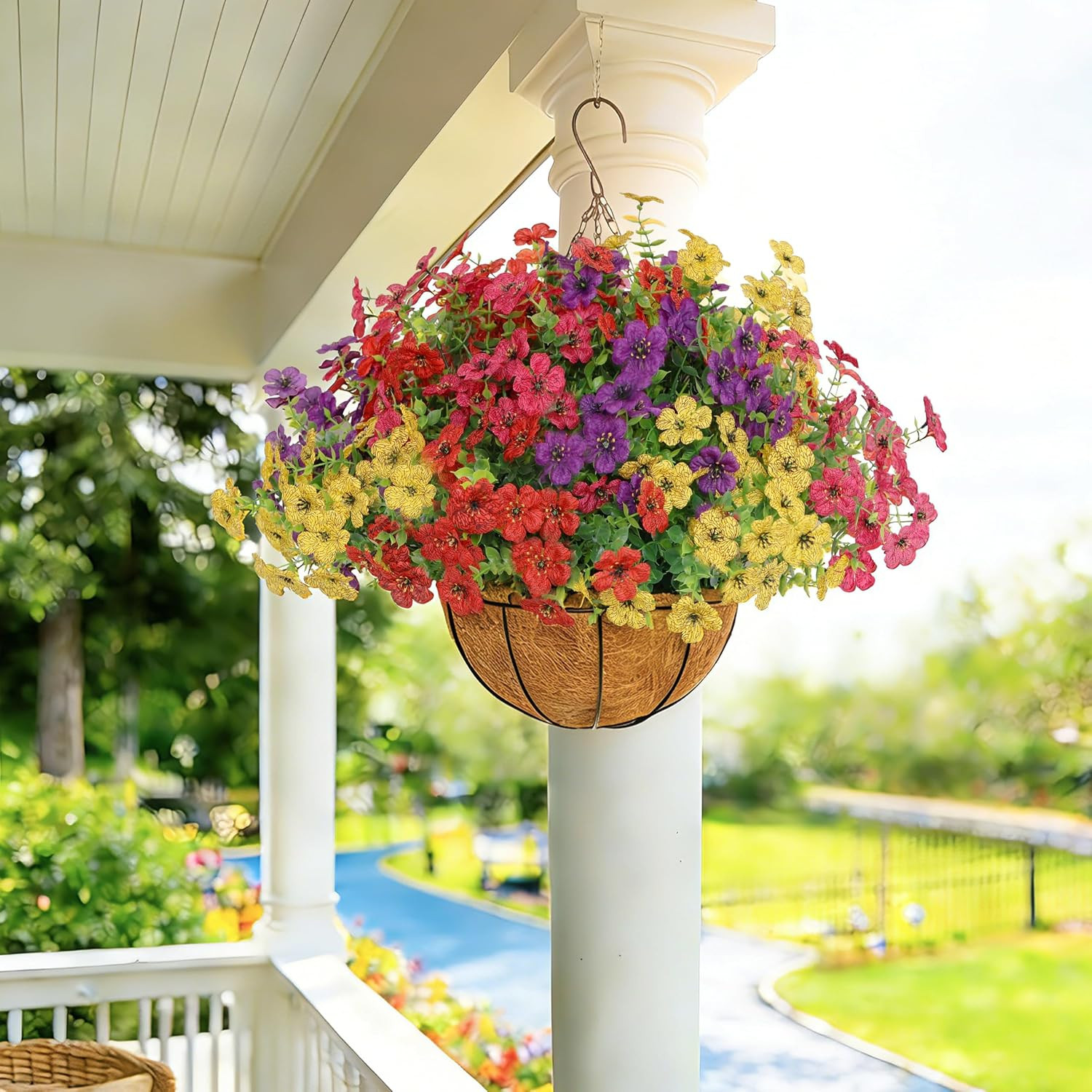 12 Bundles UV Resistant Fake Hanging Flowers with Basket for Outdoor Decor