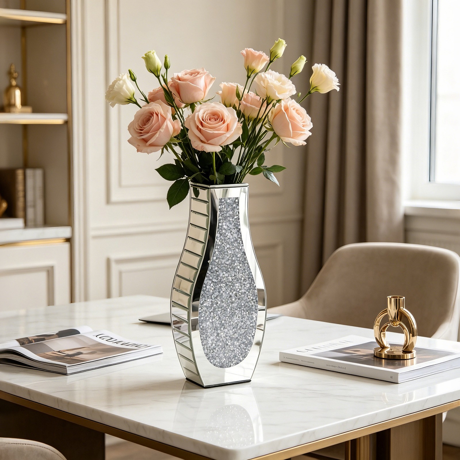 Crushed Diamond Mirrored Flower Vase Decorative Crystal Silver Glass Table Vase
