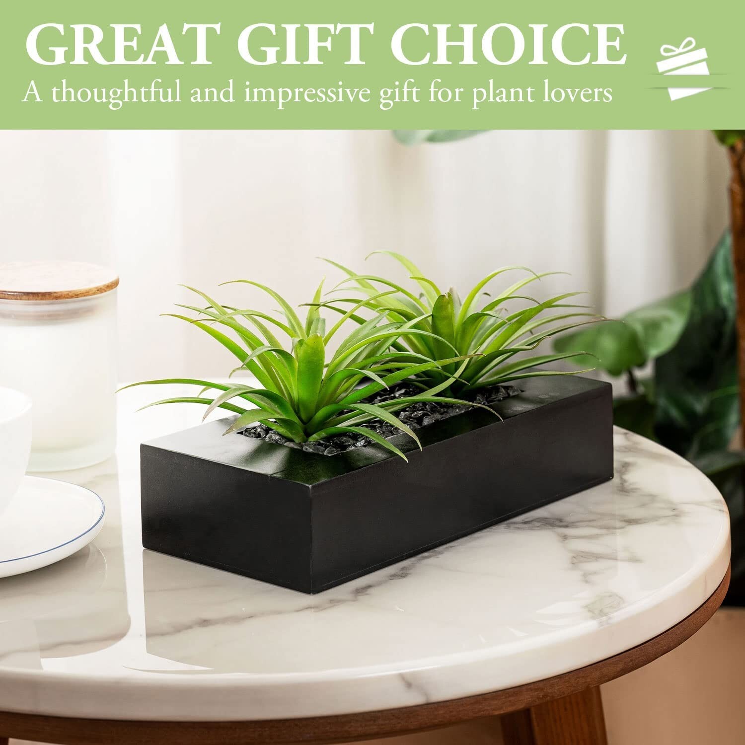 Artificial Green Grass Plants in Decorative Black Wood Rectangular Planter Pot