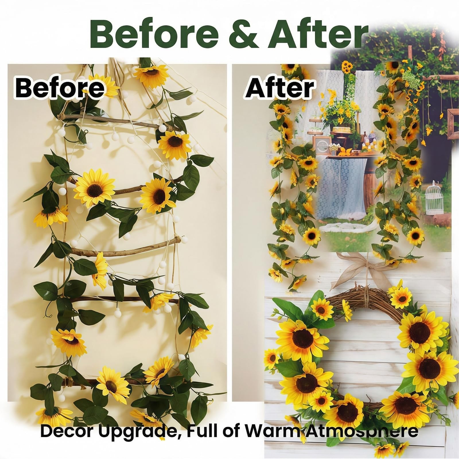 2Pack Artificial Sunflower Garlands Fake Hanging Sunflowers Silk Vines with G…