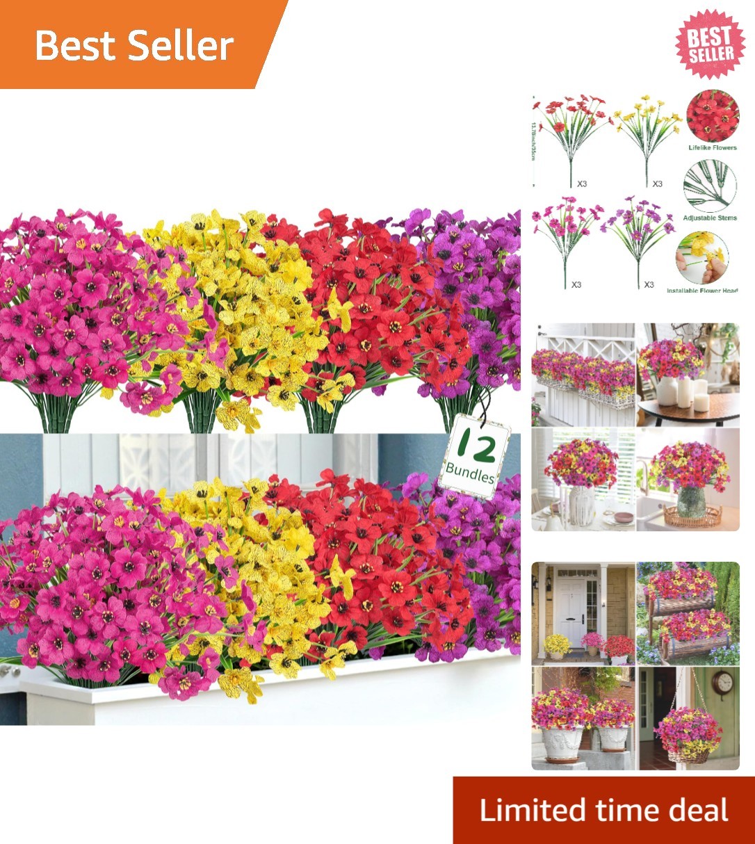Multicolor Artificial Flowers – 12 Bundle Setup for Indoor and Outdoor Use