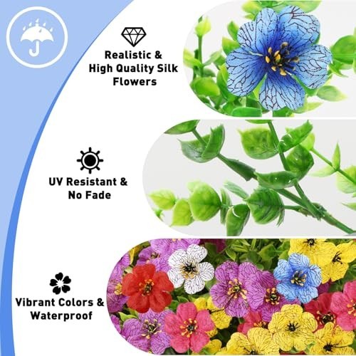 24 Bundles UV Resistant Artificial Flowers for Outdoor Planters & Garden Decor