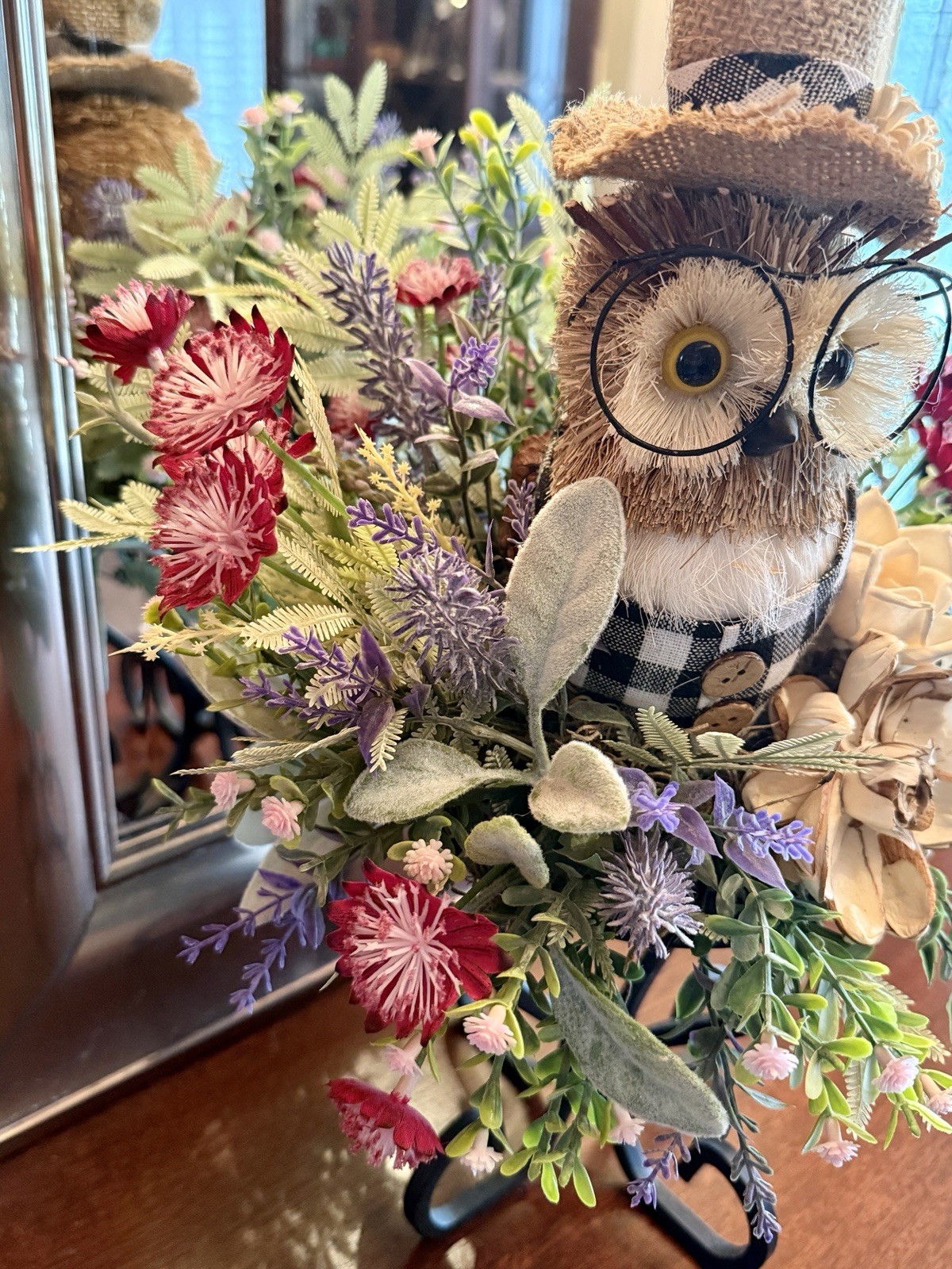 Handmade Whimsical Straw Owl Floral Arrangement Centerpiece Rustic Scroll Stand