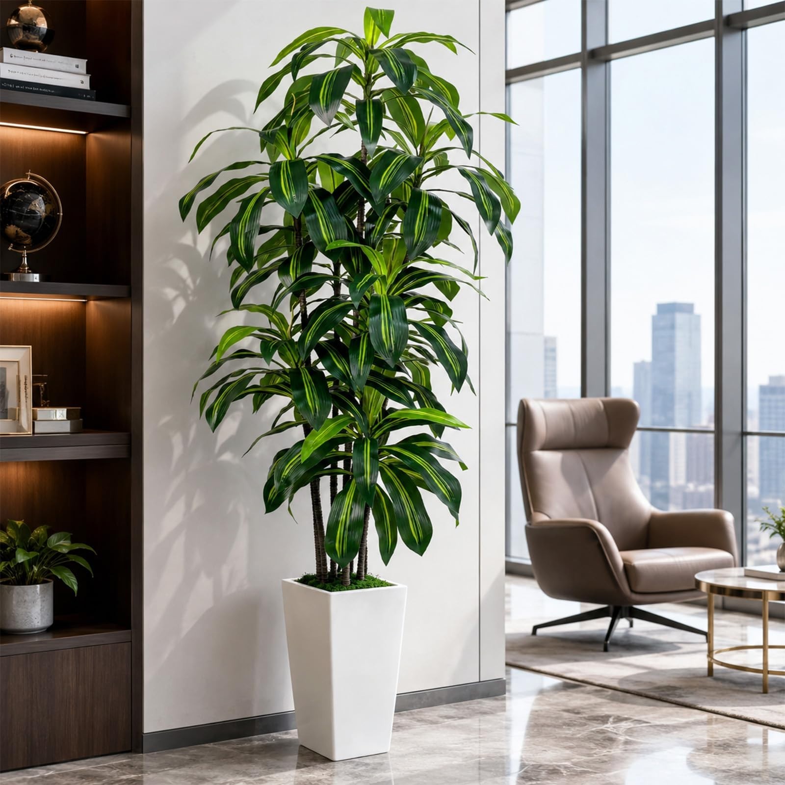 7FT Artificial Dracaena Tree – Tall Fake Plant with White Planter for Home Decor